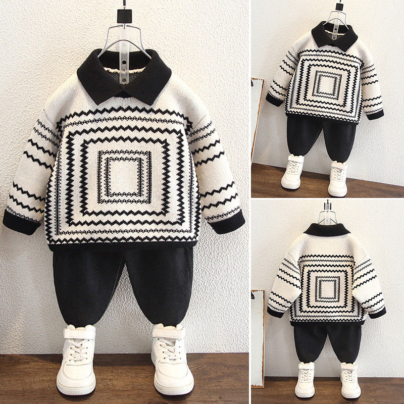 Vintage Thickened Long Sleeve Crew Neck Kids Boys Sweater