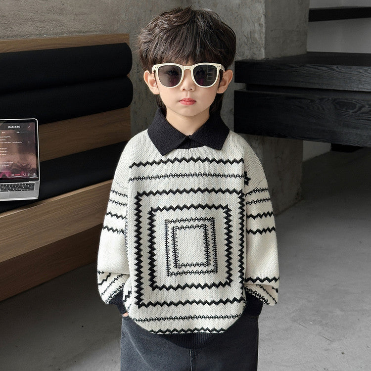 Vintage Thickened Long Sleeve Crew Neck Kids Boys Sweater