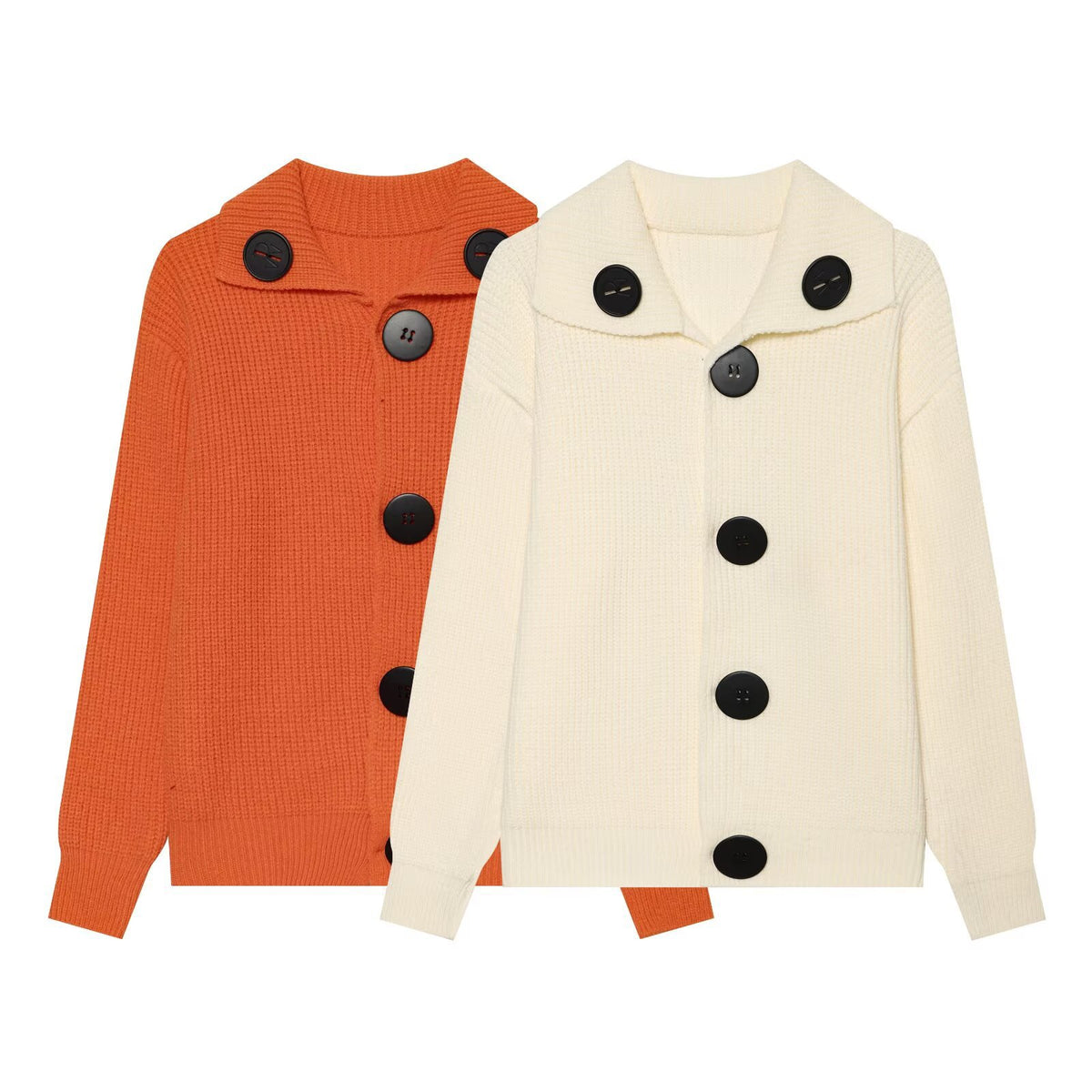 Single row large black button lapel knitted sweater jacket for women