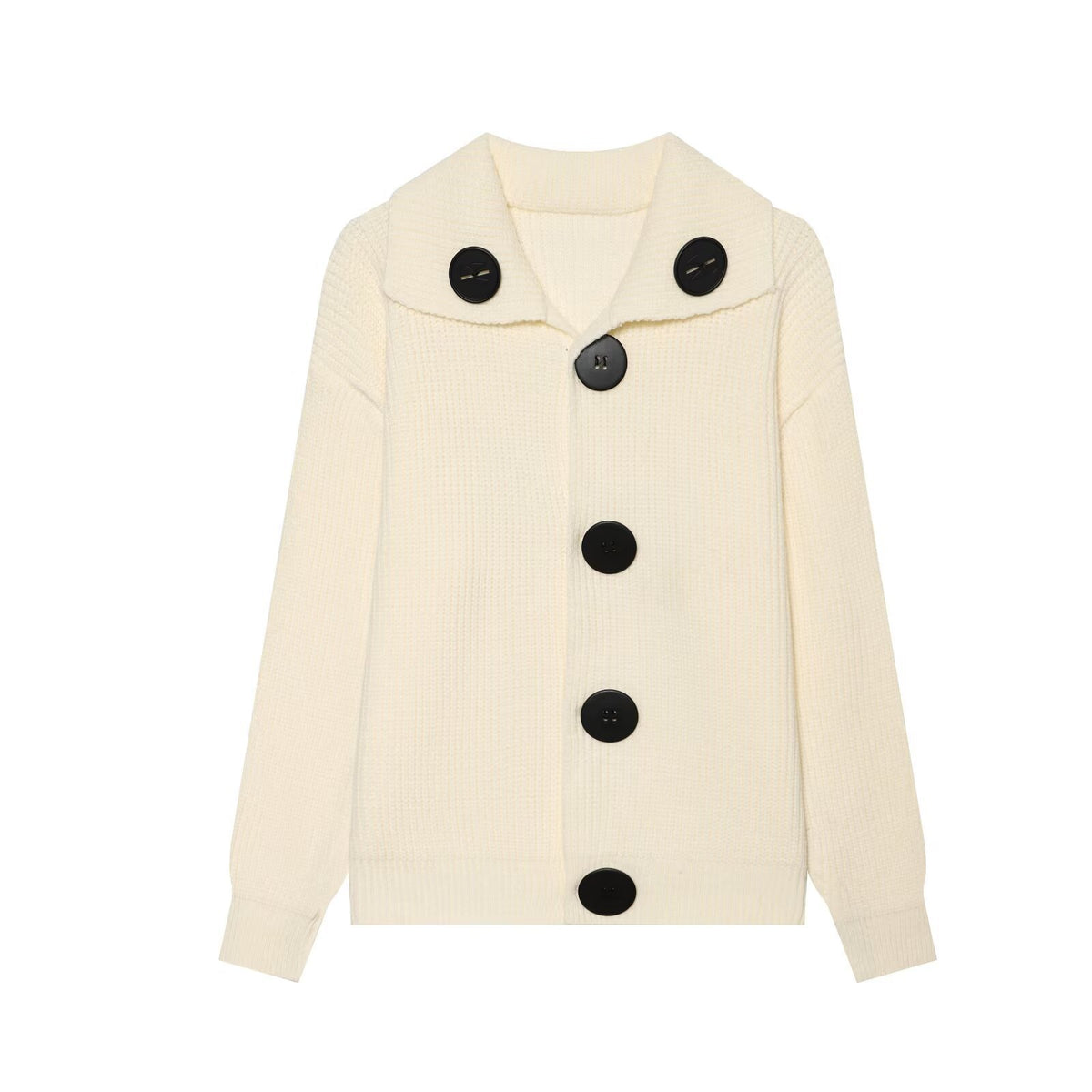 Single row large black button lapel knitted sweater jacket for women