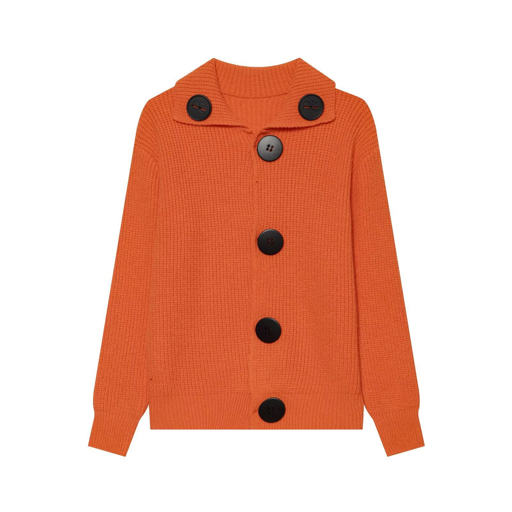 Single row large black button lapel knitted sweater jacket for women